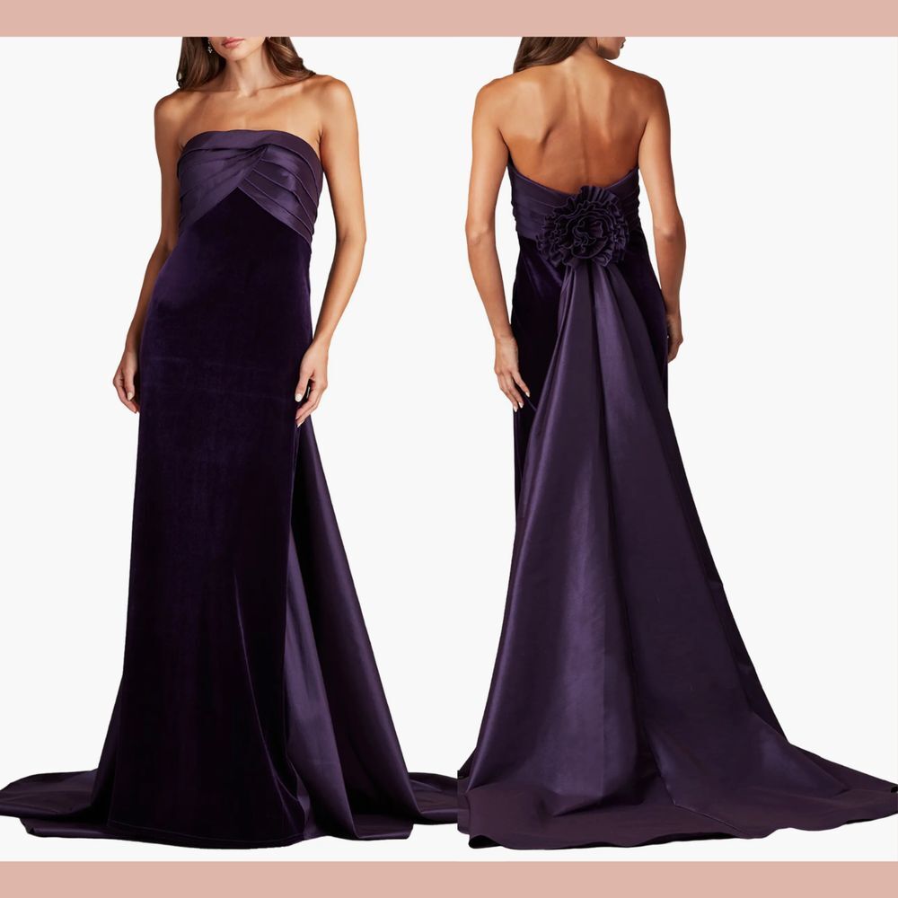 NWT $588 Tadashi Shoji [ 12 ] Conley Strapless Velvet Taffeta Gown Plum‎ putple